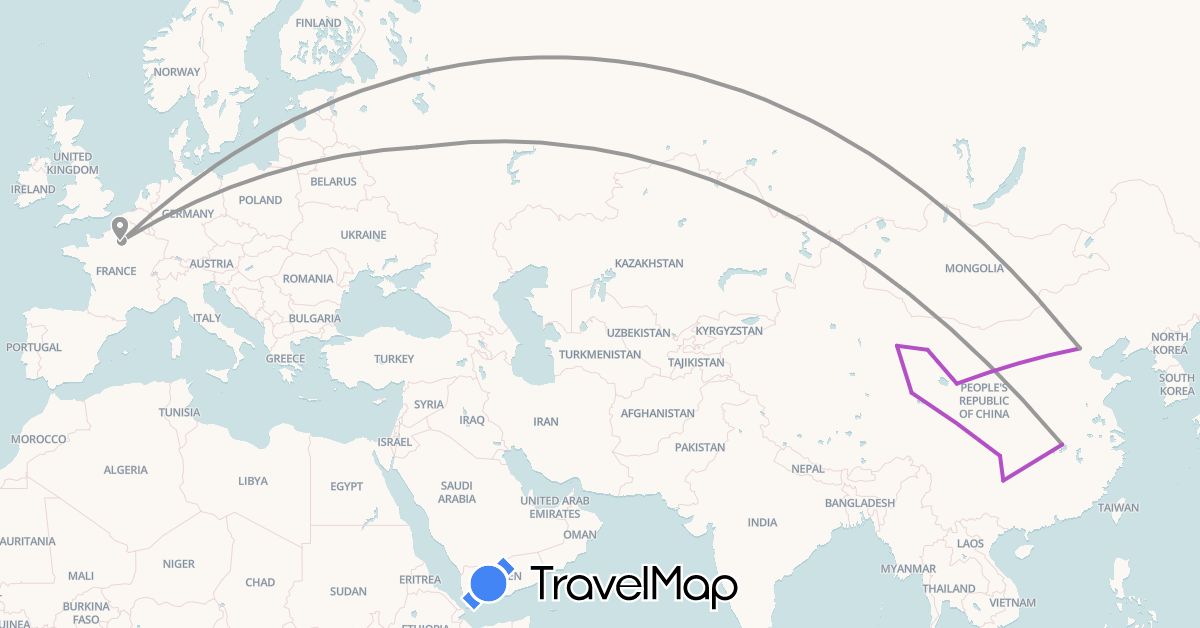 TravelMap itinerary: driving, plane, train in China, France, Russia (Asia, Europe)
